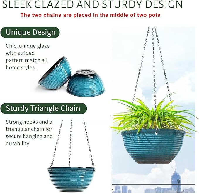 10in Hanging Planters for Indoor and Outdoor Plants, 2 Pack Hanging Planter with Drainage Hole, Round Hanging Flower Pots for Garden Home Decor (Blue)-VerdiqueGarden
