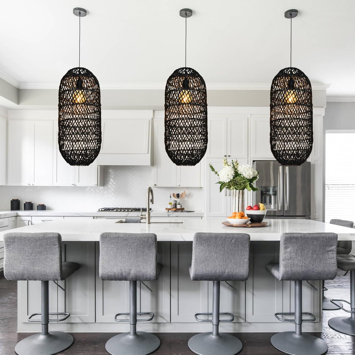 Arturesthome 1 Light Rustic Rattan Basket Pendant Light Fixture, Boho Wicker Chandelier Lamp Black, Coastal Handmade Crafts Lampshade, Farmhouse Hanging Ceiling Lighting for Dining Kitchen-VerdiqueGarden