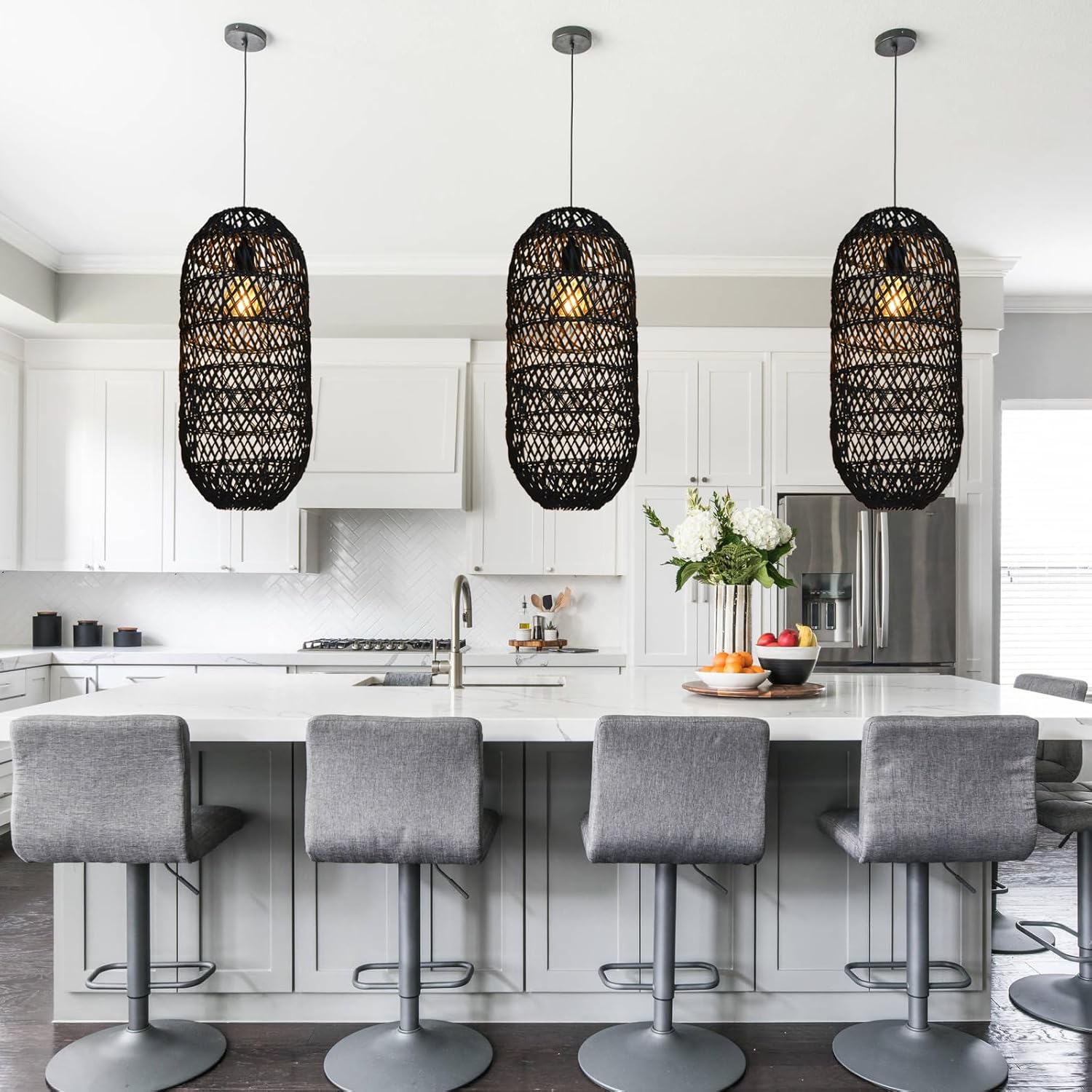 Arturesthome 1 Light Rustic Rattan Basket Pendant Light Fixture, Boho Wicker Chandelier Lamp Black, Coastal Handmade Crafts Lampshade, Farmhouse Hanging Ceiling Lighting for Dining Kitchen-VerdiqueGarden