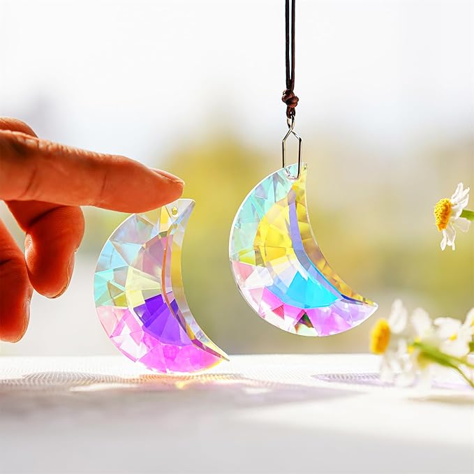 HDCRYSTALGIFTS 2pcs 50mm Crystal Prisms Sun Catchers,Half Moon Drop Hanging Suncatchers for Windows, Rainbow Maker Crystals Decoration-VerdiqueGarden