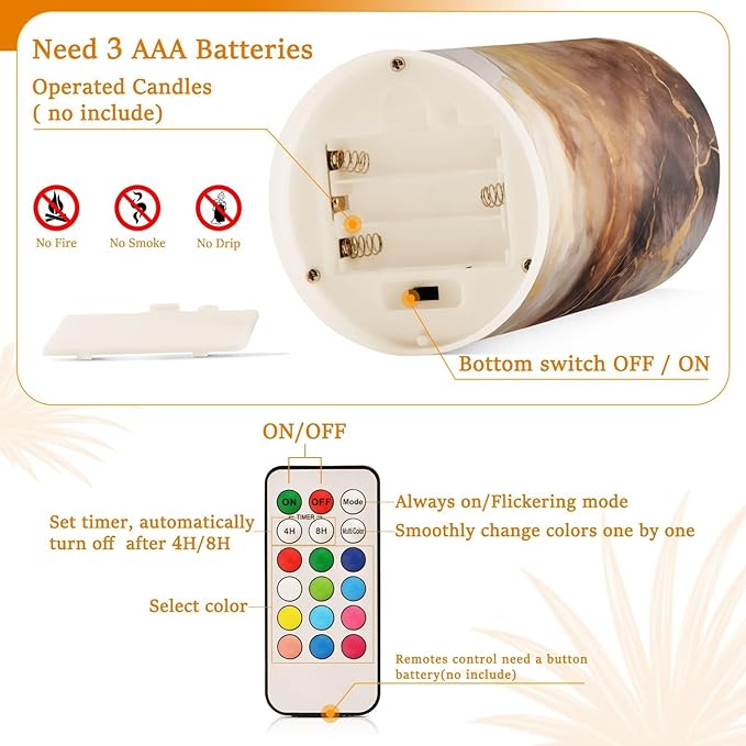 Flickering Flameless Candles, Brown White Marble LED Candles with Remote Timer, Set of 2 Battery Operated Candle for Valentine Wedding Birthday-VerdiqueGarden