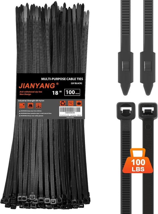 18 Inch Anti Withdrawal Zip Ties 100 LBS Tensile Strength Heavy Duty Cable Wire Ties With Self-Locking Adjustable More Durable Nylon Tie Wraps for Indoor Outdoor（100 Pack）-VerdiqueGarden