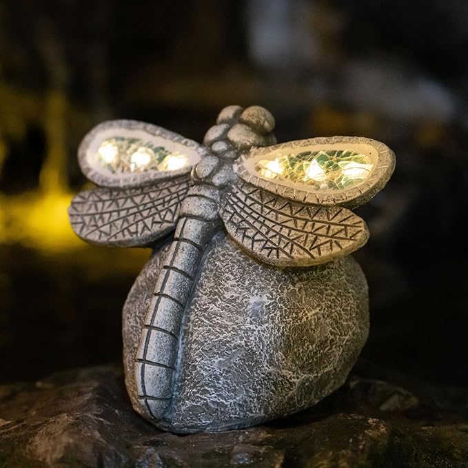 Garden Statue Dragonfly,Solar Dragonfly Decor for Outdoor,Resin Dragonflies Figurine with Solar Light for Patio,Balcony,Yard,Lawn Ornament,Perfect Garden Gift-VerdiqueGarden