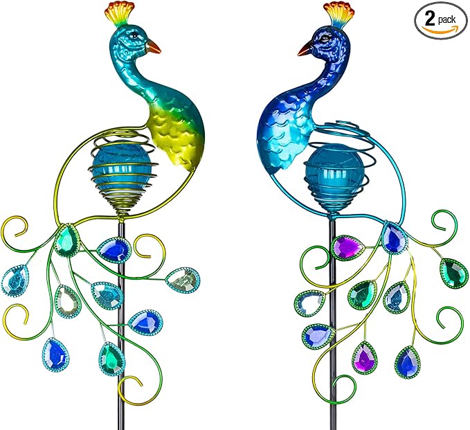 Viveta Garden Solar Lights Decorative, 2 Pack Metal Peacock Solar Lights Stake for Outdoor Garden Patio Yard Lawn Decorations-VerdiqueGarden
