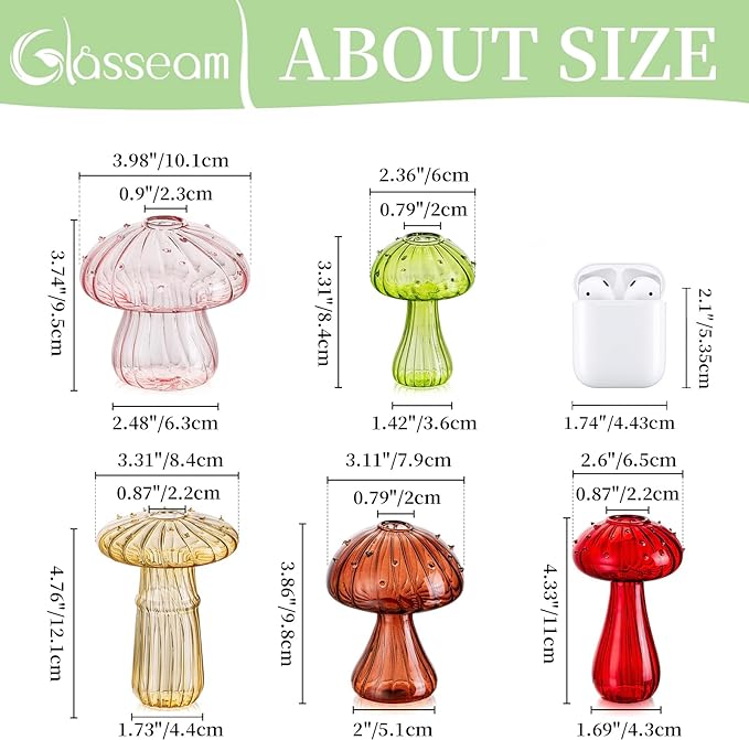 Glasseam Mushroom Planter Propagation Vase, Set of 10 Glass Terrariums for Plants, Cute Hydroponic Small Planter, Colored Propagate Station, Decorative Bud Vases for Flowers, Unique Gifts for Women-VerdiqueGarden