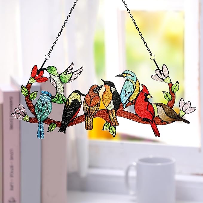 Huray Rayho Birds On Branch Stained Glass Suncatcher Cardinal Hummingbird Kingfisher Double Side Glass Panel Window Hanging Decor Bird Ornament Bird Lover Gift for Mom Grandma-VerdiqueGarden