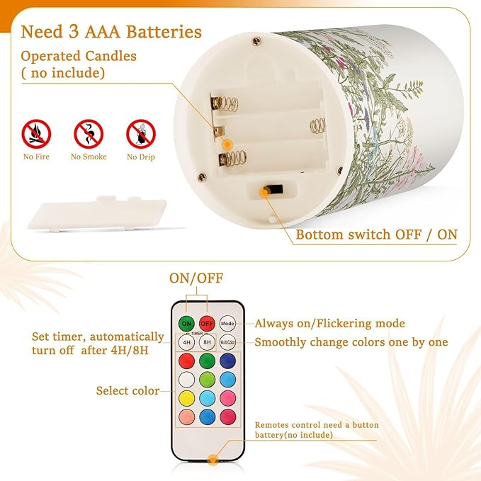 Flickering Flameless Candles, Flowers Herbs Wildflowers Botanical LED Candles with Remote Timer, Set of 2 Battery Operated Candle for Valentine Wedding Birthday-VerdiqueGarden