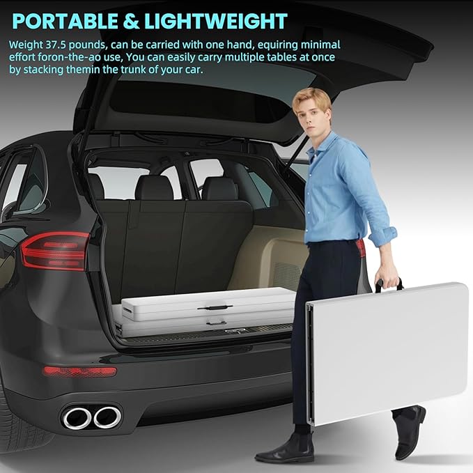 HLPB Folding Table Picnic Table, 8 ft Portable Camping Table with Handle and Safety Locks, Foldable Table Plastic Dining Table Indoor Outdoor for Camping, Picnic and Party-VerdiqueGarden