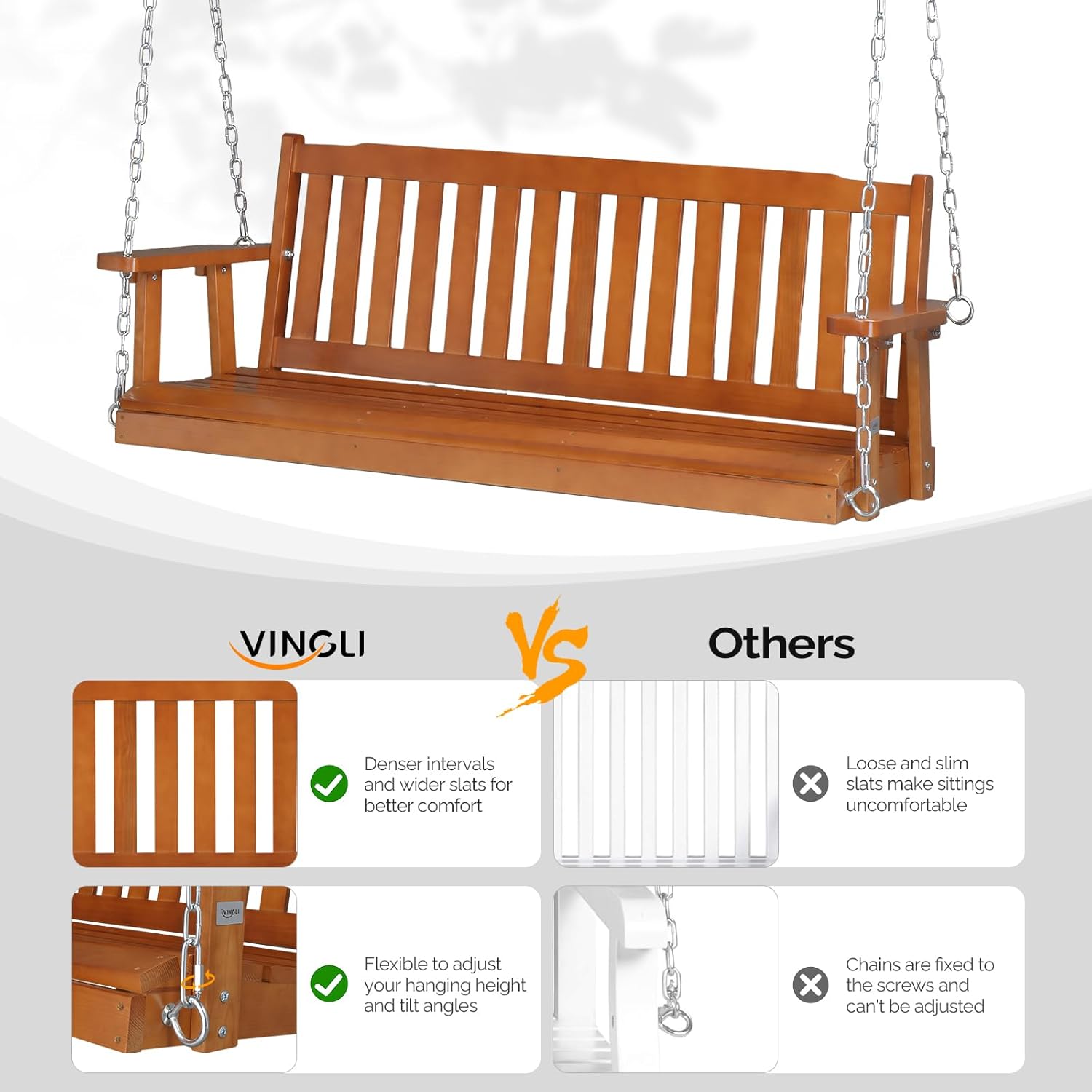 VINGLI Heavy Duty 880 LBS 5 FT Patio Wooden Porch Swing Outdoor with Upgraded Adjustable Chains, Outdoor Hanging Swing Bench for Garden, Yard, Balcony (5 FT, Brown)-VerdiqueGarden