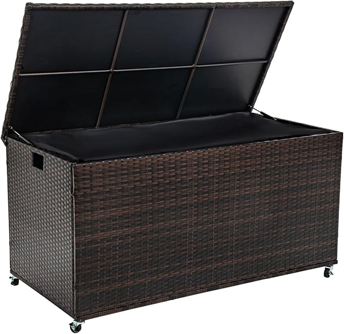 Outdoor 170 Gallon Water-Resistant Wicker Storage Box with Wheels, PE Rattan Deck Box with Waterproof Liner for Outside, Patio Storage Container with Hinged Lid, Horizontal Bin, Brown-VerdiqueGarden