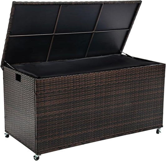 Outdoor 170 Gallon Water-Resistant Wicker Storage Box with Wheels, PE Rattan Deck Box with Waterproof Liner for Outside, Patio Storage Container with Hinged Lid, Horizontal Bin, Brown-VerdiqueGarden