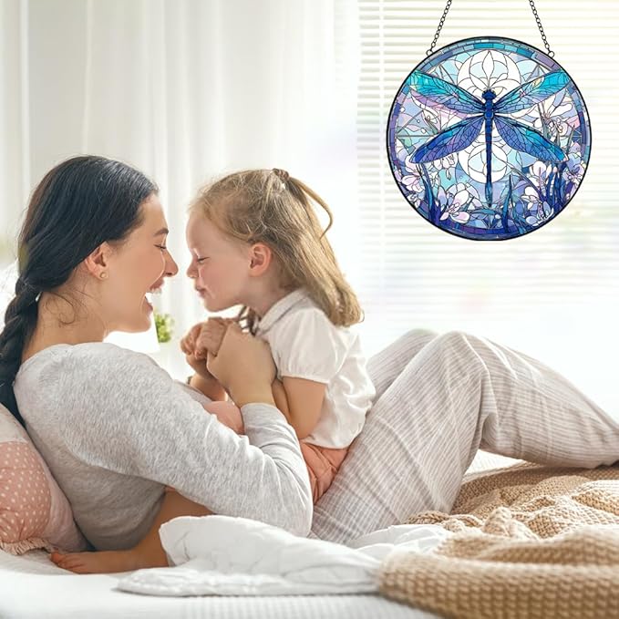 Dragonfly Decor Suncatcher Stained Glass Window Hanging - Handmade Artistic Suncatchers for Windows Hanging - Wall Home Decor Suncatcher with Metal Chain and Hook Gift for Women Mom Home Porch Garden-VerdiqueGarden
