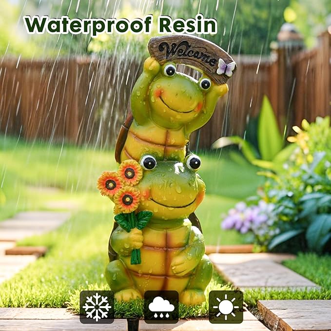 Garden Turtle Outdoor Statues, Solar Garden Statue Two Sweet Frog Face Turtles Decor with 3 LED Lights, Unique Art Resin Gifts for Patio Lawn Porch Yard-VerdiqueGarden