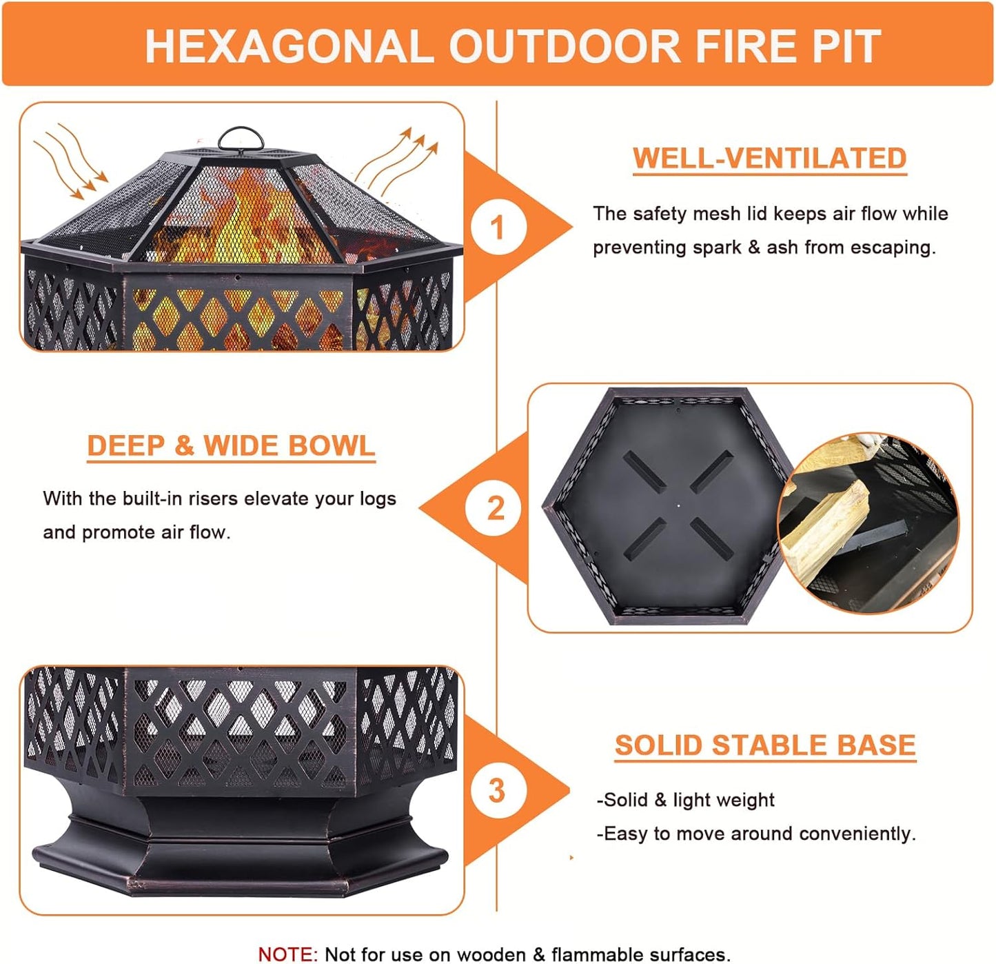 33 Inch Outdoor Fire Pit, Hexagon Shaped Wood Burning Firepit for Outside Bonfire, Patio, Backyard and Camping (Antique Bronze)-VerdiqueGarden