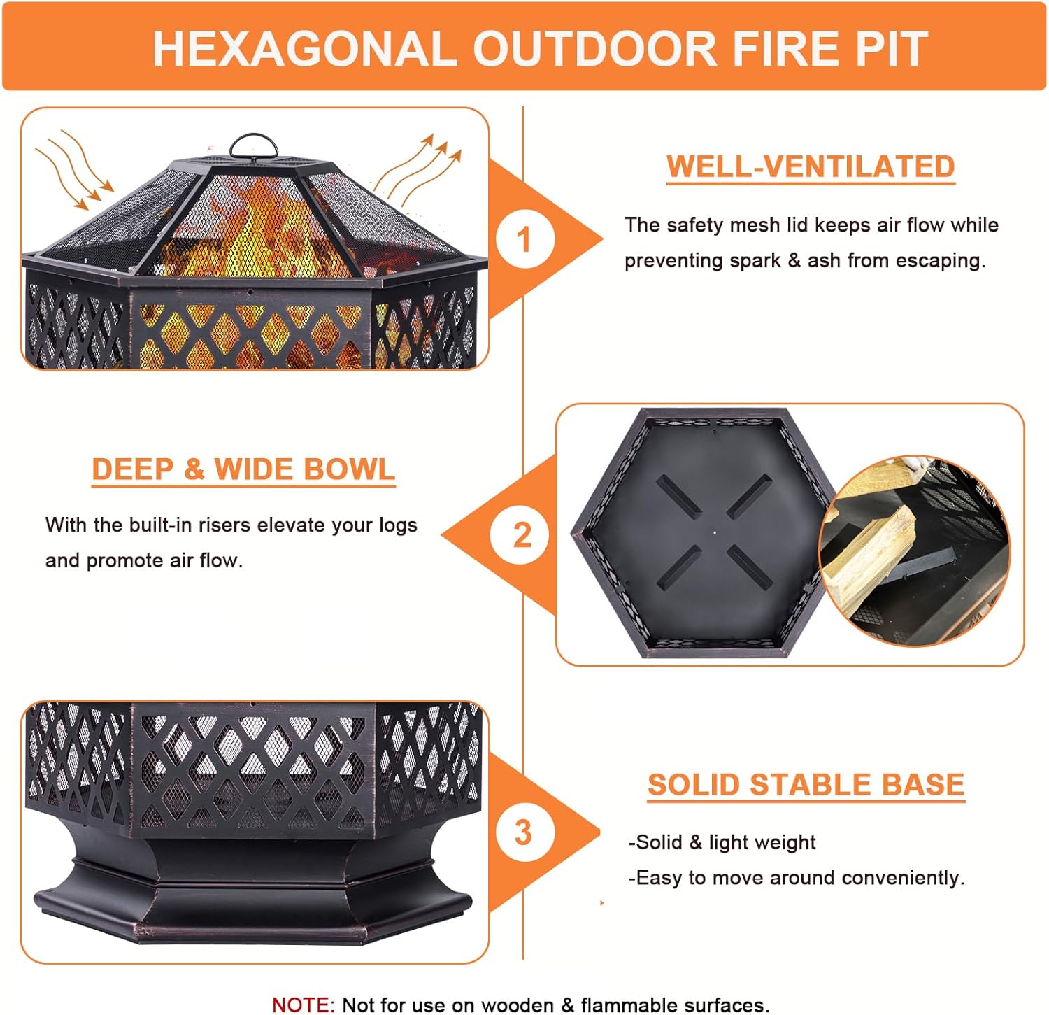 33 Inch Outdoor Fire Pit, Hexagon Shaped Wood Burning Firepit for Outside Bonfire, Patio, Backyard and Camping (Antique Bronze)-VerdiqueGarden