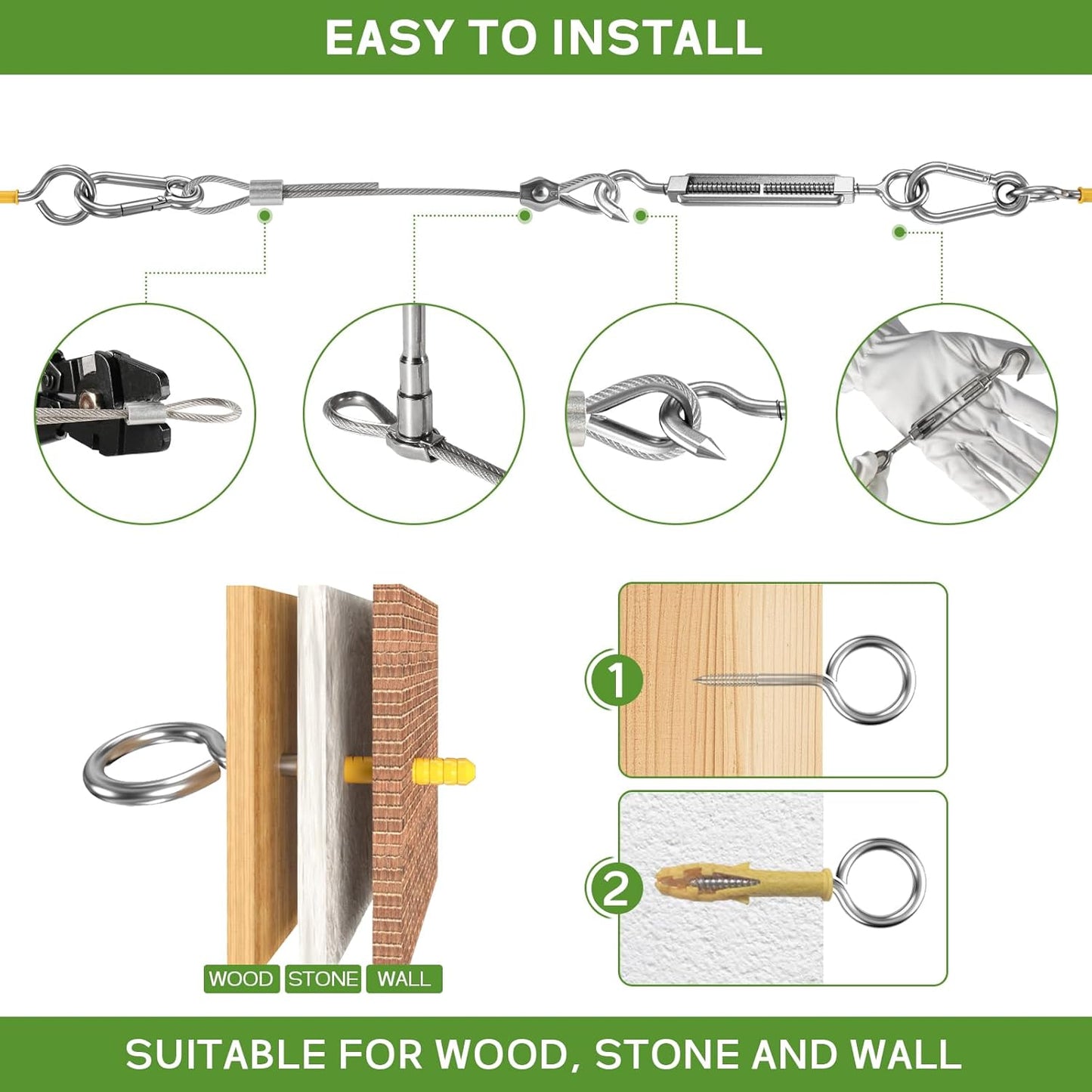 1/8" Wire Rope Kit, 100FT Steel Wire Cable, Vinyl Coated Stainless Steel Cable with Turnbuckles for Outdoor, Garden, Kitchen and Craft Projects-VerdiqueGarden