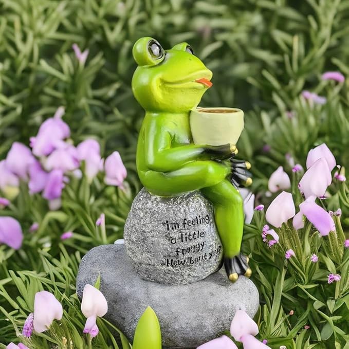 Spring & Summer-Themed Garden Statues – Adorable Outdoor Decor for Lawn, Patio & Porch (Coffee Drinking Frog Garden Statue with Funny Quote)-VerdiqueGarden