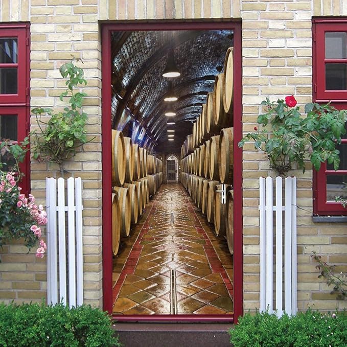 3D Door Stickers Murals - Peel & Stick Wine Cellar Theme - Removable PVC Waterproof Door Poster, 37.4" x 78.7" for Bedroom & Living Room-VerdiqueGarden