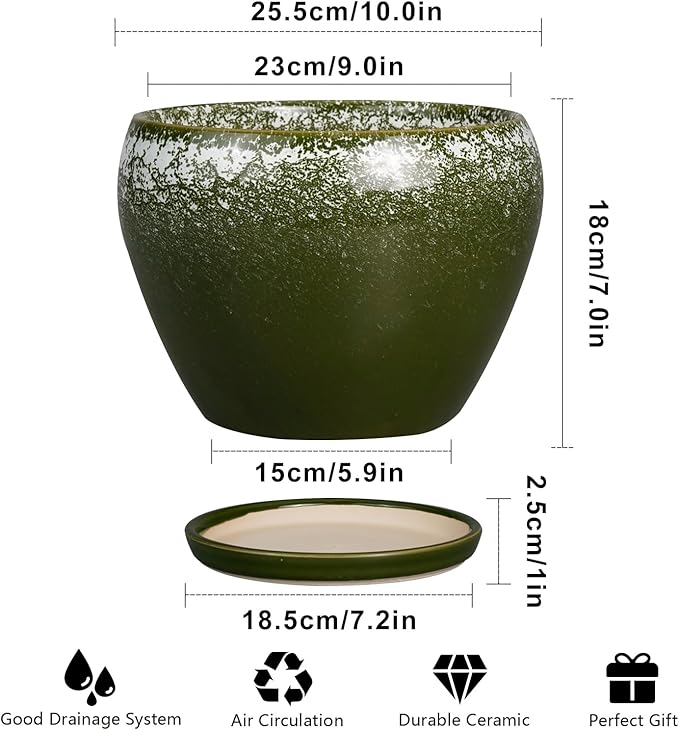 10 Inch Planter Pot - Ceramic Pots for Plants with Drainage Hole and Saucer, Round Large Flower Pot for Indoor Plants, Dark Green-VerdiqueGarden