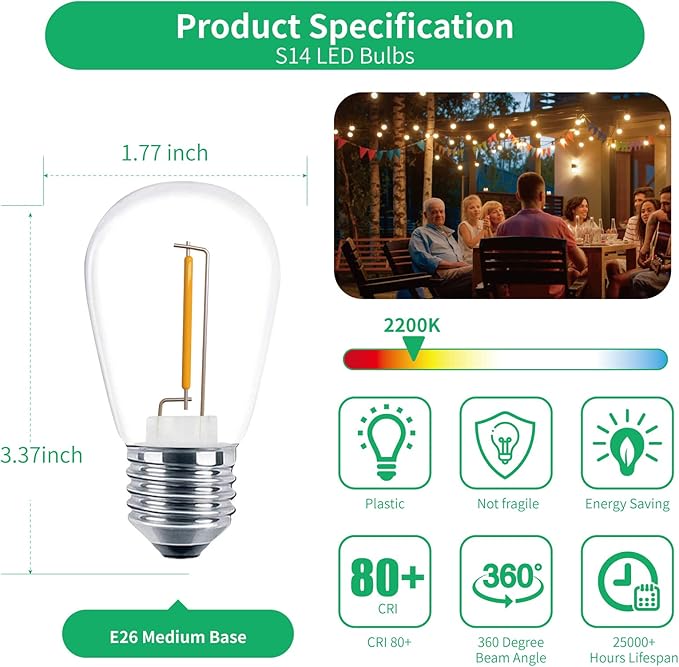 Meconard 30 Pack S14 Edison String Light Bulbs, 1 Watt Replacement Bulbs for Outdoor String Lights, Low Wattage Shatterproof LED Filament Patio Bulbs, E26 Medium Base, 2200K Warm White, Non-Dimmable-VerdiqueGarden