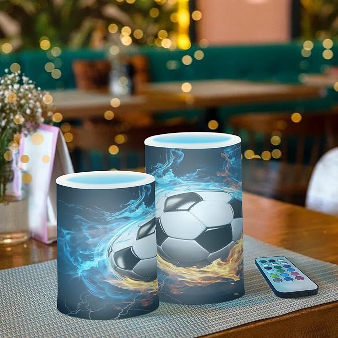 Flickering Flameless Candles, Soccer Ball LED Candles with Remote Timer, Set of 2 Battery Operated Candle for Valentine Wedding Birthday-VerdiqueGarden