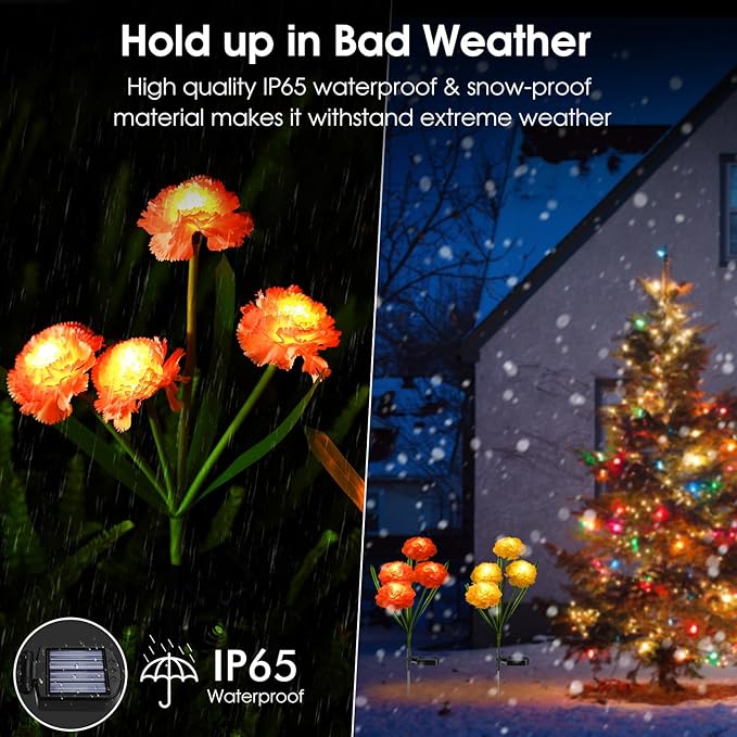 Solar Flowers Outdoor Waterproof, Solar Carnation Stake Lights Outside with 12 Real Looking Flowers for Yard Decorations Outdoor, Front Yard, Garden, Flower Bed, Lawn, Patio Decor (3 Pack)-VerdiqueGarden