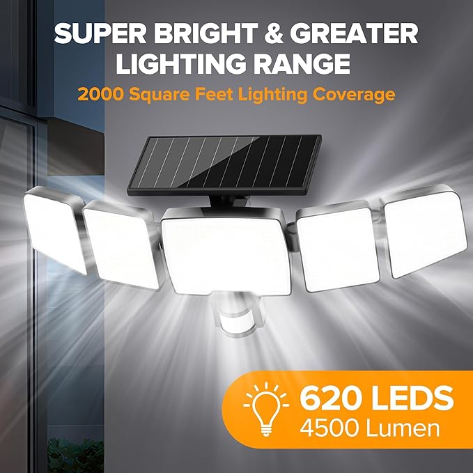 UME Solar Outdoor Lights 620 LED 4500LM, IP65 Waterproof Motion Sensor Outdoor Lights, 5 Heads Solar Security Flood Light 270 Wide Lighting Angle with 3 Modes for Garden Patio Yard - 2 Pack-VerdiqueGarden