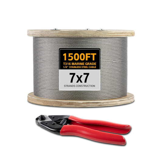 1/8" Stainless Steel Cable, 1500FT Wire Rope with Cutter 7x7 Strand, Aircraft Cable 1800 lb Breaking Strength, Cable for Deck Railing, Fence, DIY Balustrade-VerdiqueGarden