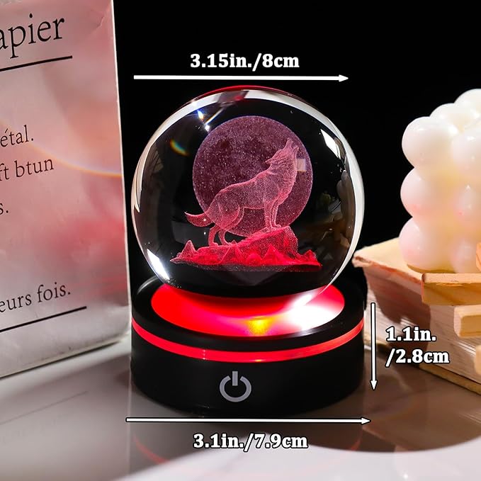 YWHL 3D Crystal Ball Moon Wolf Figurine with Colorful LED Base, Laser Wolf Gifts for Women Men Wolves Lovers on Christmas Birthday, Wolf Statue Glass Animal Decorative Ball for Home Decor (80mm)-VerdiqueGarden