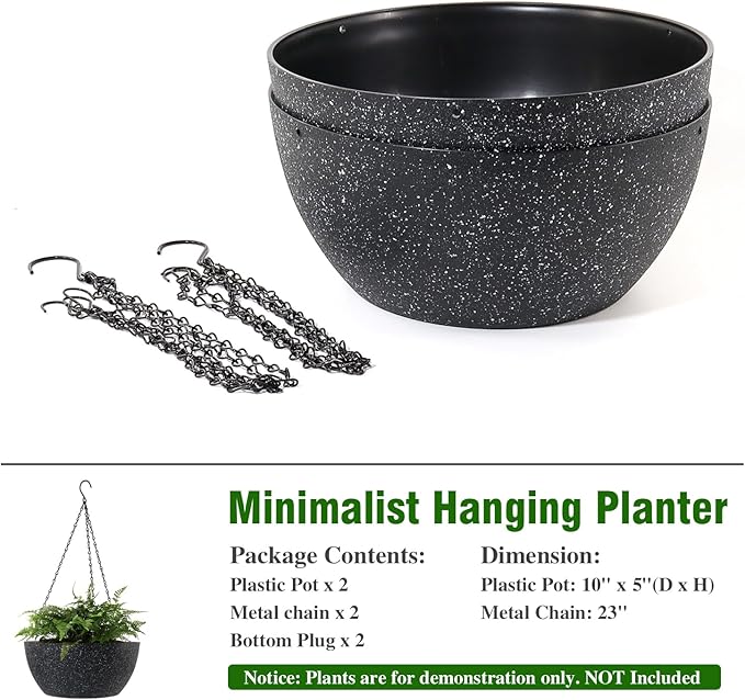 10 inch Hanging Planters for Outdoor Indoor Plants with Drainage Holes and Chain, 2 Pack Round Hanging Flower Pots for Garden Home Porch Decor, Speckled Black-VerdiqueGarden