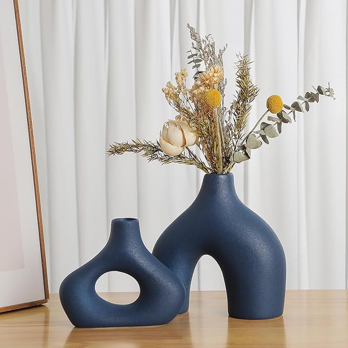 CEMABT Blue Ceramic Vase Set of 2 for Modern Minimalist Bohemian Decor，Round Matte Donut Vases for Pampas Grass-Perfect for Living Room, Dining Table, Office Bedroom Shelf Decor Entryway, Console-VerdiqueGarden