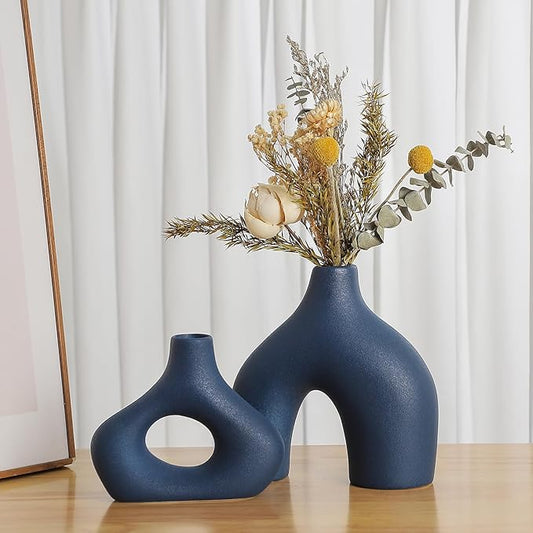 CEMABT Blue Ceramic Vase Set of 2 for Modern Minimalist Bohemian Decor，Round Matte Donut Vases for Pampas Grass-Perfect for Living Room, Dining Table, Office Bedroom Shelf Decor Entryway, Console-VerdiqueGarden