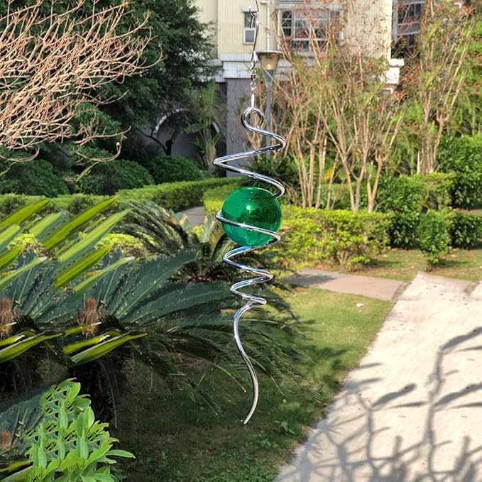 FONMY Gazing Ball Spiral Tail Wind Spinner Stabilizer with Swivel Hook 11inch Stainless Steel Tail and 2 inch Green Glass Orb. Indoor Outdoor Garden Decoration Hanging Ornaments 13 inch Height-VerdiqueGarden