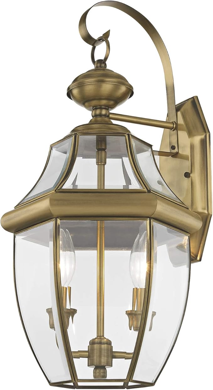 Livex Lighting 2251-01 Monterey 2 Light Outdoor Antique Brass Finish Solid Brass Wall Lantern with Clear Beveled Glass-VerdiqueGarden