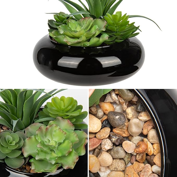 Large Artificial Succulents Plants Faux Succulents in Pots Fake Succulent Arrangement Potted Plants with Black Ceramic Pot for Office Desk Bathroom Shelf Living Room Indoor & Outdoor Home Decor-VerdiqueGarden
