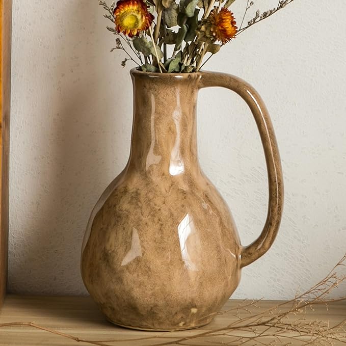 Brown Ceramic Vase with Big Handles, Modern Farmhouse Decor, Rustic Pottery for Flowers, Decorative Terracotta Centerpiece for Dining Table-VerdiqueGarden