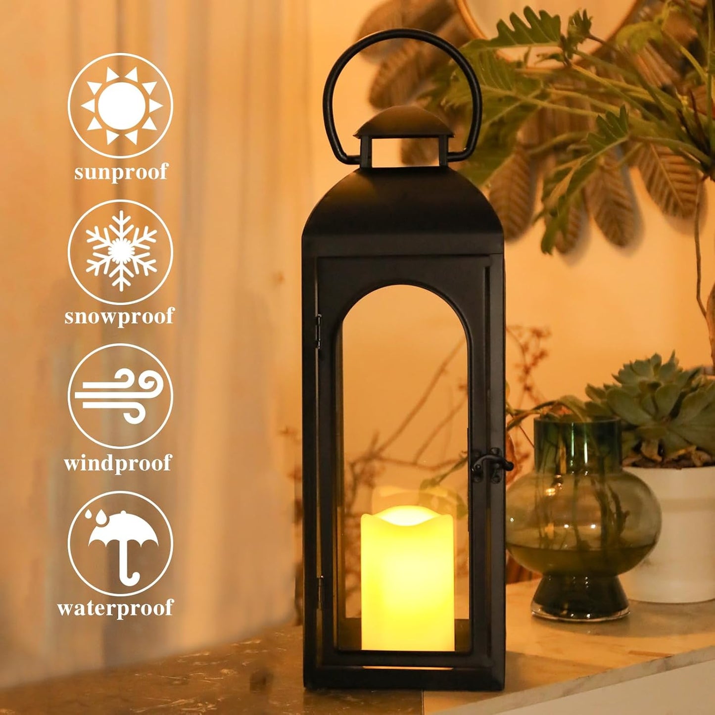 Bdor 2 Pack 20 Inches Metal and Tempered Glass Decorative Lantern with Electronic Wax Effect - Indoor/Outdoor Decorative Lighting, Handcrafted Aesthetic, Perfect for Home, Parties, and Holiday Decor-VerdiqueGarden