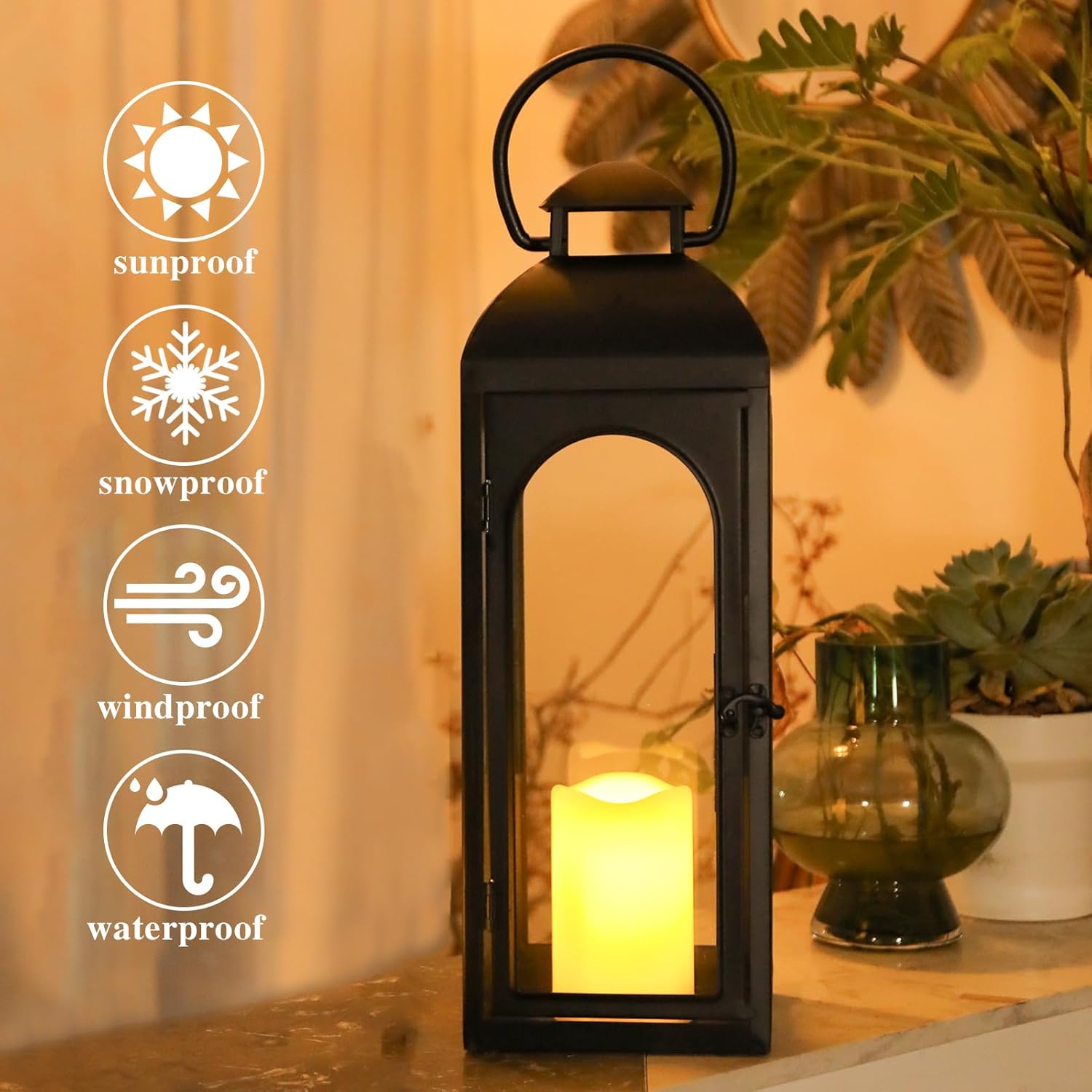 Bdor 2 Pack 20 Inches Metal and Tempered Glass Decorative Lantern with Electronic Wax Effect - Indoor/Outdoor Decorative Lighting, Handcrafted Aesthetic, Perfect for Home, Parties, and Holiday Decor-VerdiqueGarden