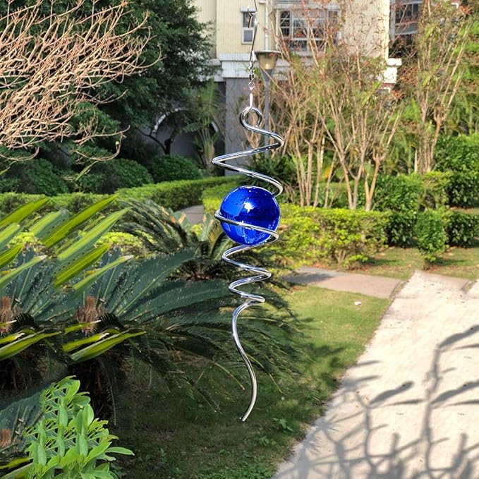 FONMY Gazing Ball Spiral Tail -Decorative Wind Spinner 11" inch Tail and 2" inch Blue Glass Orb. Indoor Outdoor Garden Decoration -13 inch Height-VerdiqueGarden