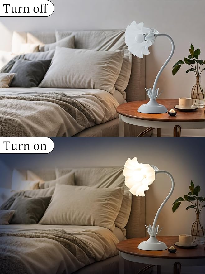 Flower Table Lamp,LED Reading Light Bedside Vintage Flower Night Light,3 Colors Modes Kawaii Bedside Lamps Decor,Living Room Bedroom Room Lighting Table Lamps Home Decoration (White)-VerdiqueGarden