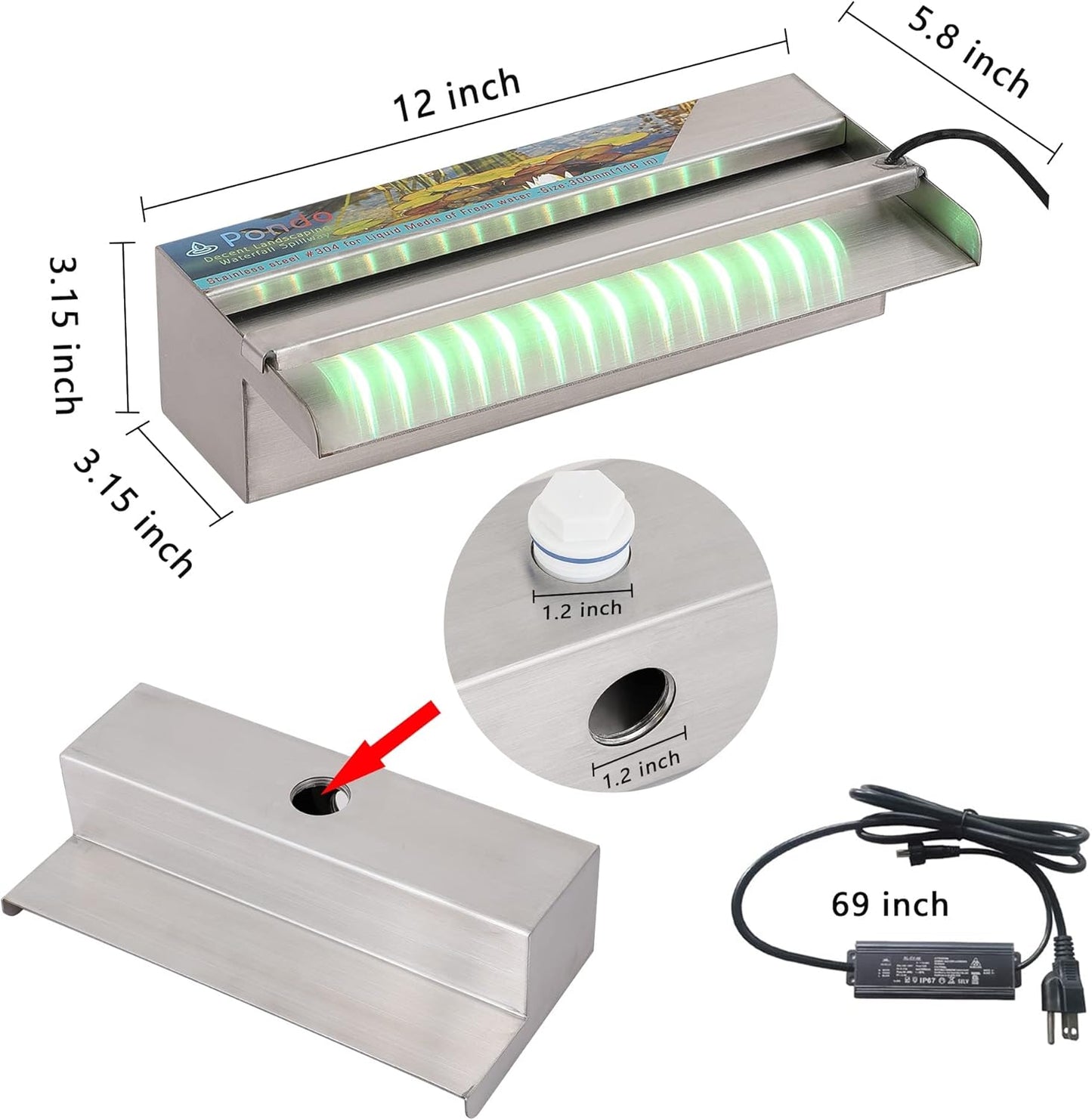 PONDO Pool Fountain, Stainless Steel Waterfall Spillway with Wider Water Flow Platform, Multi-Color LED Light & Spillway Cleaning Kit for Garden Outdoor Decoration (12 inch)-VerdiqueGarden