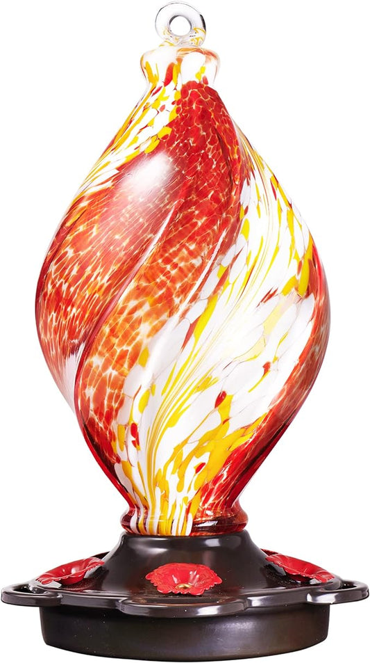 LUJII Ice Cream Shaped Spiral Hummingbird Feeder, Hand Blown Glass, 28 fl.oz, Leak Proof & Rustproof, Includes an Ant Moat for Outdoors Hanging, Unique & Stylish Garden, Outside & Backyard Decor (Red)-VerdiqueGarden