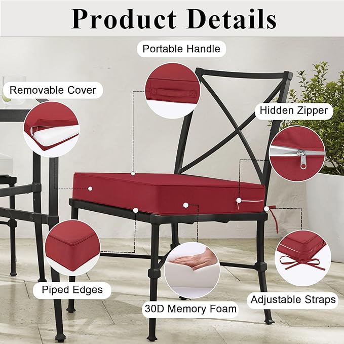 Outdoor Chair Cushions Set of 2 for Patio Furniture 22x22x4 Inch Waterproof Patio Chair Cushion 3 Year Color Fastness Square Elastic Foam Garden Couch Pads with Ties and Handle,Red-VerdiqueGarden