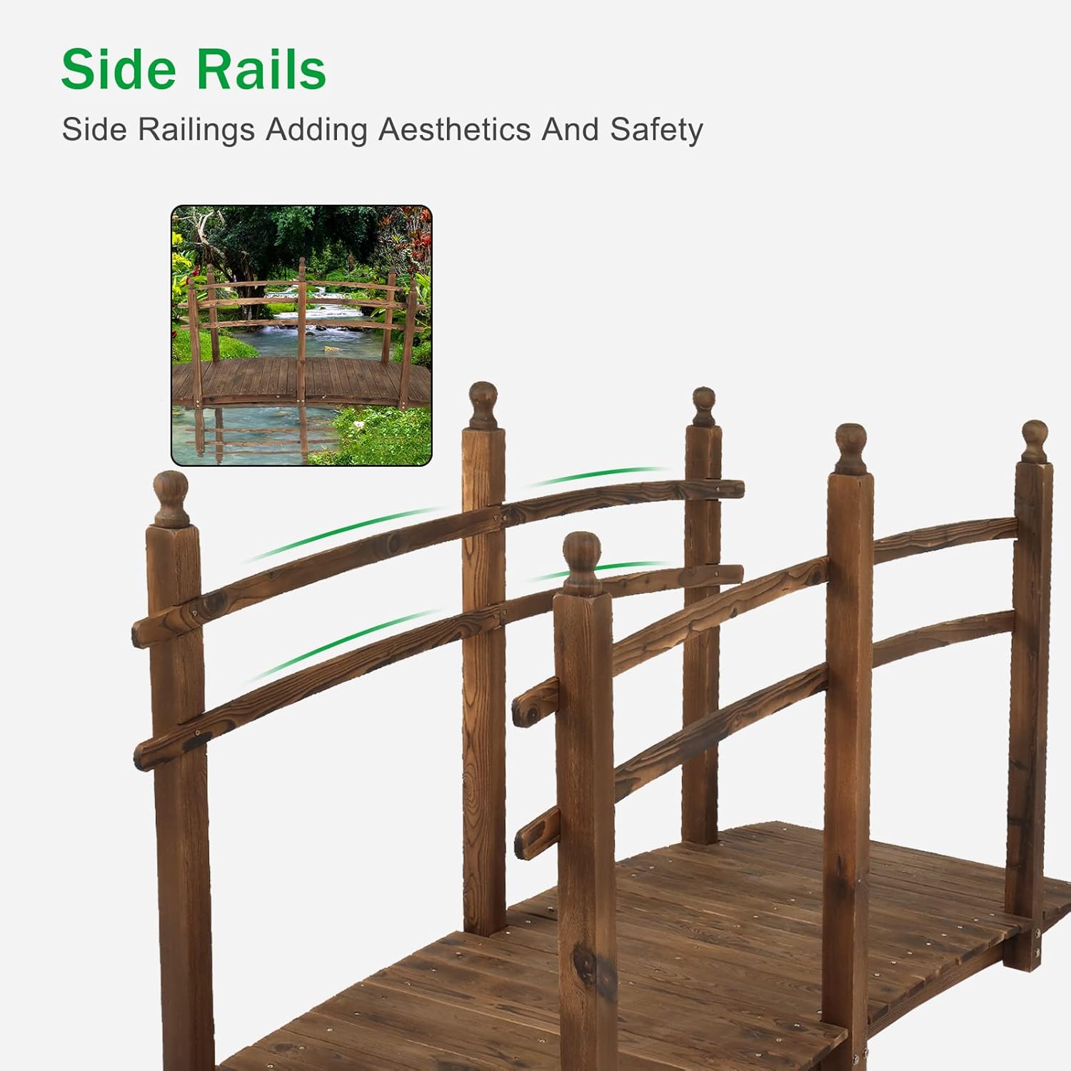 VINGLI 7.5 ft Garden Bridge, Arch Walkway Wooden Bridge with Safety Rails Stained Finished, Decorative Landscaping Footbridge for Koi Pond, Dry Creek Bed, Garden Pathway or Rustic Wedding Decor-VerdiqueGarden