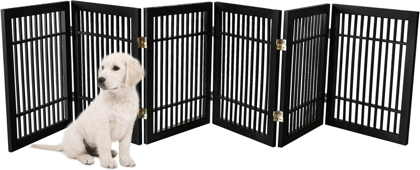 Pet Dog Gate Strong and Durable Freestanding Folding Acacia Hardwood Portable Wooden Fence Indoors or Outdoors by Urnporium (Black Pet Gate, 6 Panel 24" Tall)-VerdiqueGarden