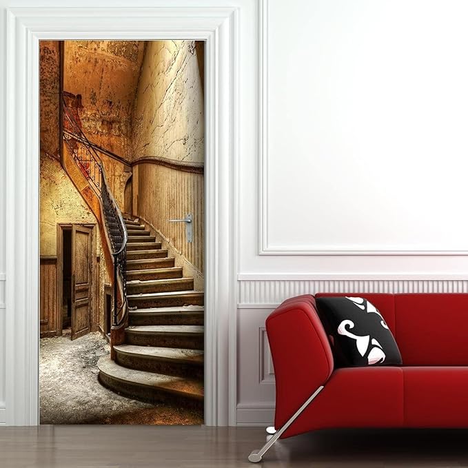 3D Door Wallpaper Self-Adhesive Door Sticker - Old Stairs - Door Film Poster Premium PVC Waterproof Wall Sticker for Bedroom Living Room Door Decoration Wallpaper 77 x 200 cm-VerdiqueGarden