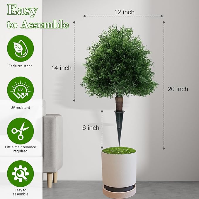 Artificial Cedar Topiary Ball Trees with Ground Spike, 20" UV Resistant Artificial Shrubs, Fake Evergreen Artificial Plant Brush for Indoor Outdoor Front Porch Garden, 1 Pack-VerdiqueGarden