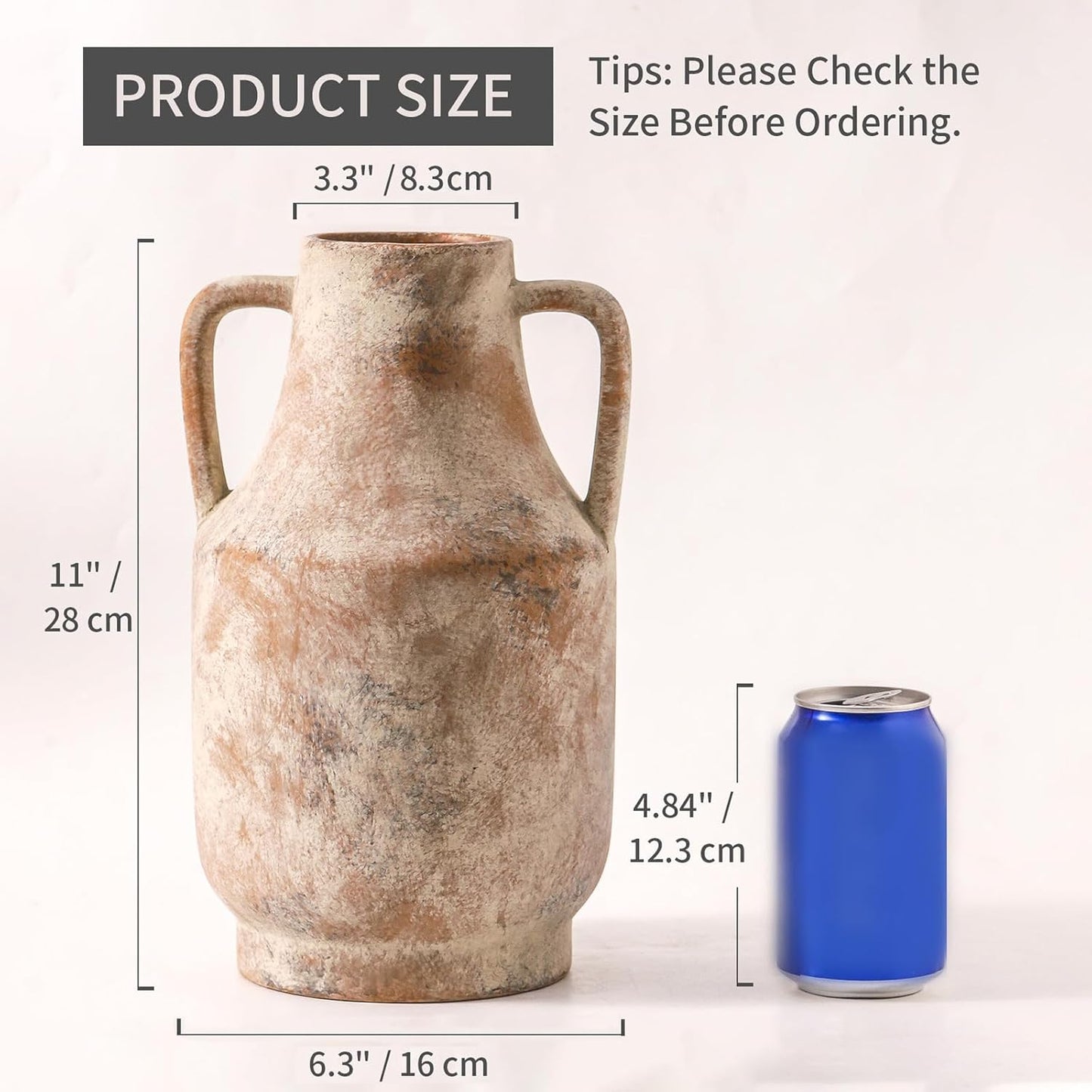 Mitt&Ditt Ceramic Flower Vase with Handles, 11 inch Tall Vase for Centerpieces, Large Decorative Terracotta Vases, Farmhouse Rustic Vases for Home Decor, Living Room, Table, Neutral-VerdiqueGarden