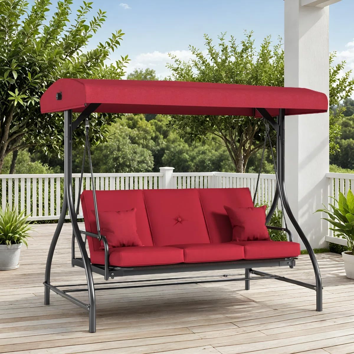TLSUNNY 3-Seat Outdoor Patio Porch Swing with Adjustable Canopy & Backrest, Convertible Glider Bed with Stand, Removable Seat Cushion, 45° Tilt Adjustment for Backyard, Poolside, Balcony - 750LBS-VerdiqueGarden