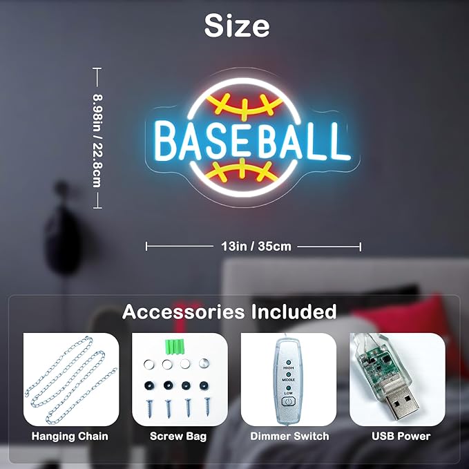 Baseball Neon Sign Dimmable LED Neon Signs for Wall Decor, Baseball Neon Light Sign for Bedroom Man Cave Gaming Room Party College Club Decor Sports Soccer Players Lover Gifts-VerdiqueGarden